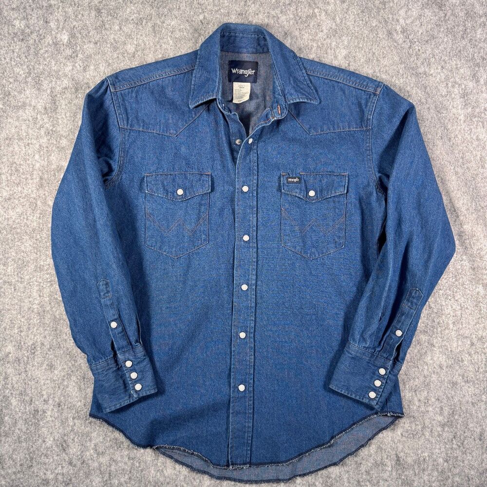 Wrangler Pearl Snap Shirt Mens Medium Blue Denim Western Rodeo Cowboy Unhemmed